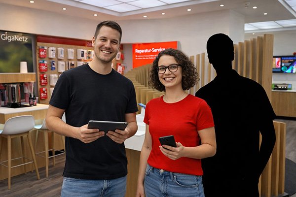 Vodafone Shop - Mann und Frau suchen einen Mitarbeiter