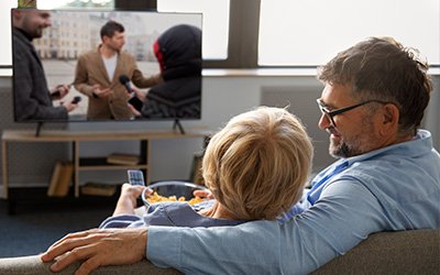 Zwei Personen schauen Fernsehen und sitzen auf der Couch
